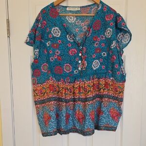 Bohemian Floral Blouse - Blue and Orange